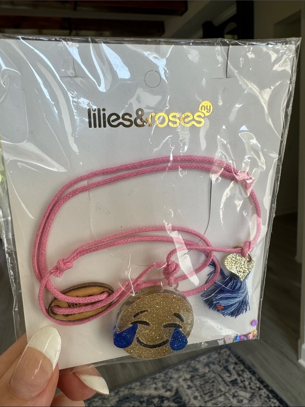 Pink Kids Emoji Necklace with Blue Tassel Charm